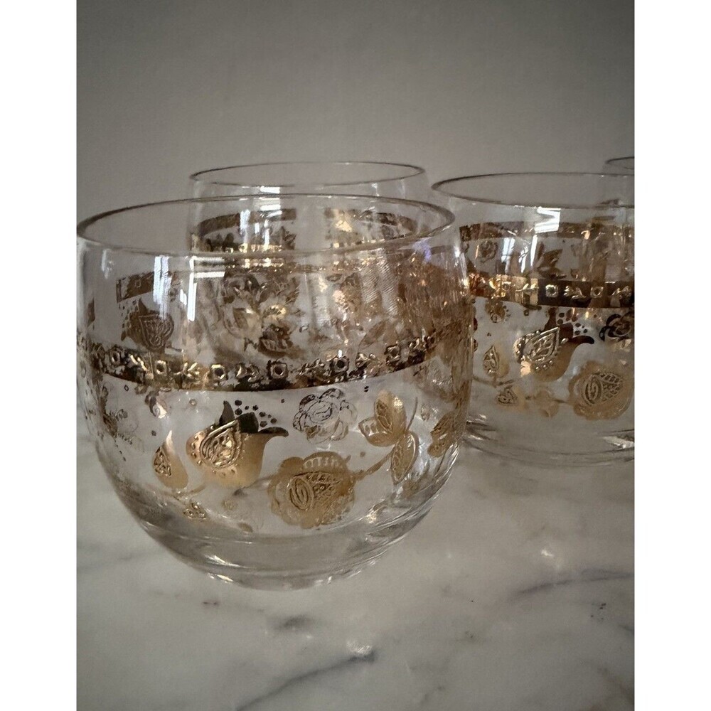 Vintage Culver Chantilly Roly Poly Glasses Mid Century Gold Floral Barware Set 5 - Picture 3 of 7